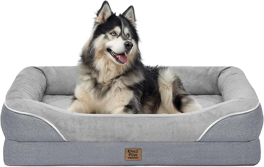 Chez Paw XXL Orthopedic Dog Bed for Extra Large Dogs, Extra Thick Egg-Crate Foam Waterproof Pet Couch with Removable Washable Cover, 4-Sided Bolster & Non-Slip Bottom, Silver 45"x35"x7.5"