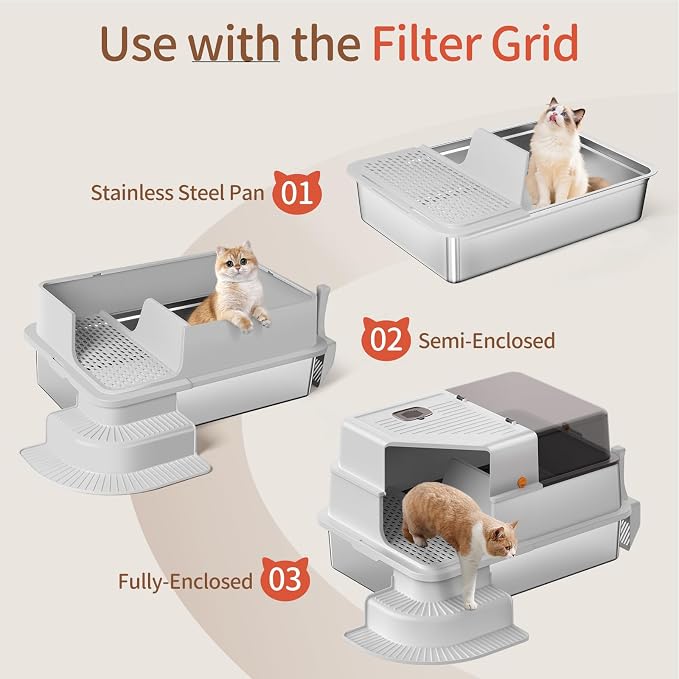 XXXL Stainless Steel Litter Box, 28"x20"x18" Extra Large Fully Enclosed High Sided Metal Cat Litter Box with Filtered Grid, Step, Scoop, Non-Sticky, Non-Odor, Easy Cleaning (Light Gray)