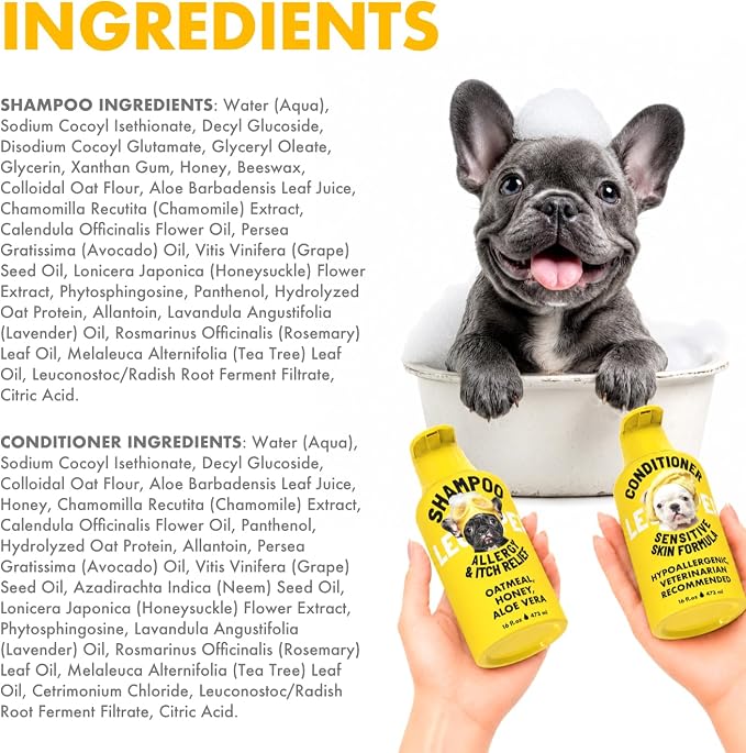 LEGITPET Oatmeal Dog Shampoo & Conditioner Itch & Allergy Relief with Honey & Aloe Hypoallergenic Gentle Calming Formula for Sensitive Skin & Dandruff Safe for Puppies Best for All Breeds 2 x 16oz