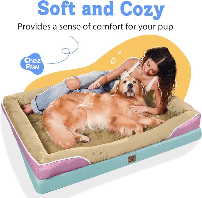 Chez Paw Large Orthopedic Dog Bed for Extra Large Dogs, Waterproof XL Egg-Crate Foam Dog Bed with Removable Washable Cover & Non-Slip Bottom, 4-Sided Bolster Support, Ivory Pink 42"x30"x7.5"