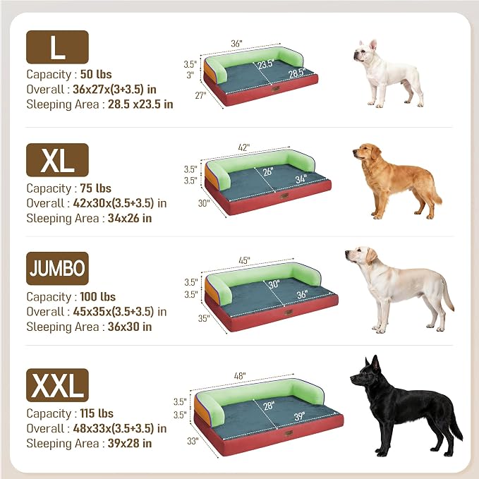 Comfort Expression Large Dog Bed Orthopedic -Washable XL Dog Beds Waterproof Pet Couch Memory Foam Sofa Bolster with Removable Cover - 42 x 30