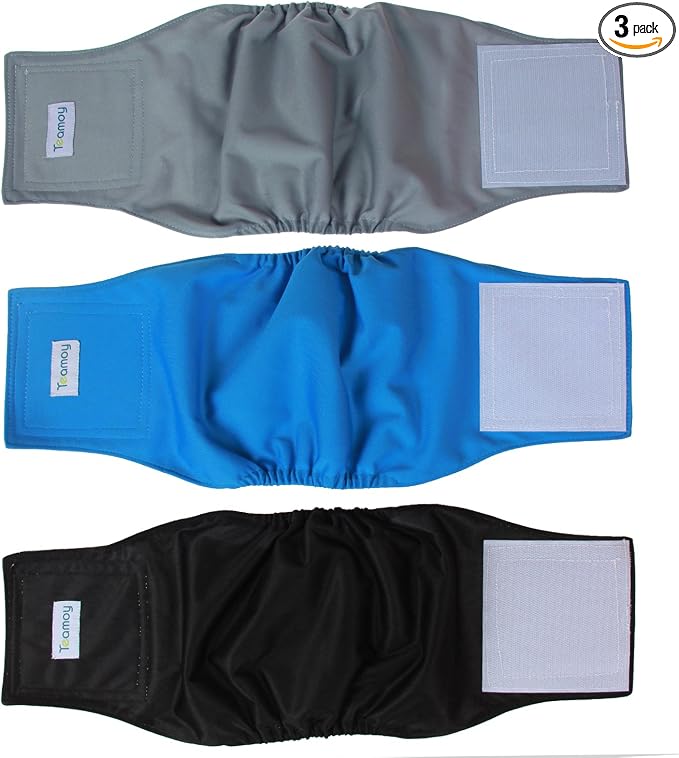 Teamoy Reusable Wrap Diapers for Male Dogs, Washable Puppy Belly Band Pack of 3 (M, 13"-16" Waist, Black+ Gray+ Lake Blue)