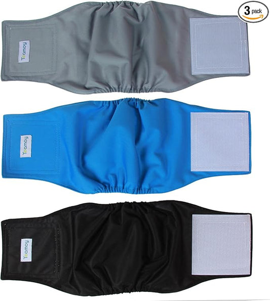 Teamoy Reusable Wrap Diapers for Male Dogs, Washable Puppy Belly Band Pack of 3 (M, 13"-16" Waist, Black+ Gray+ Lake Blue)