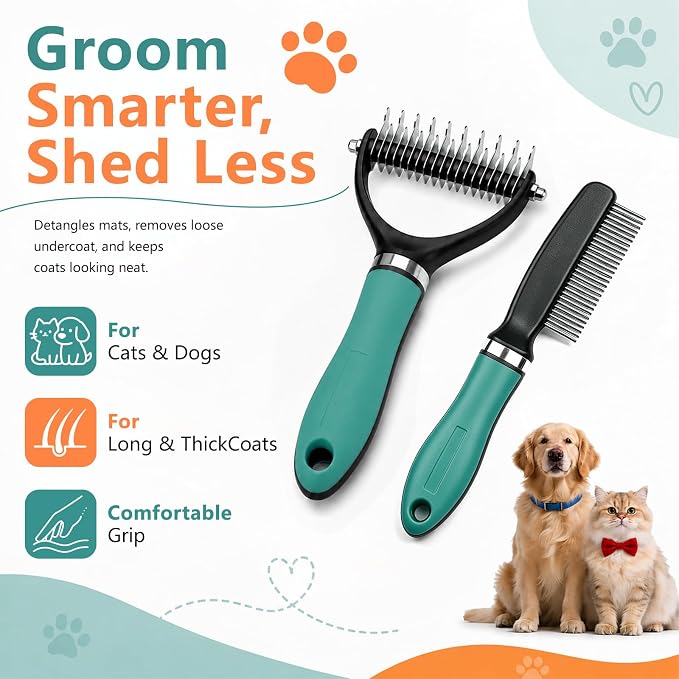 Dog Brush and Cat Deshedding Rake, Pet Grooming Tool for Shedding with Rounded Stainless Steel Teeth, Comfortable Grip for Long or Thick Coats (Green with Comb)