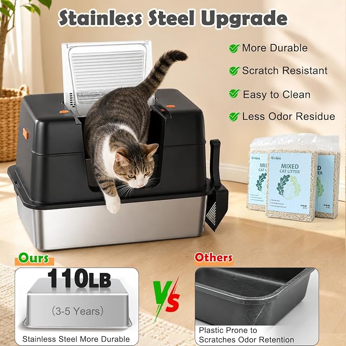 Vivifying XL Stainless Steel Cat Litter Box with 13.2 lb Cat Litter, Black | Stainless Steel