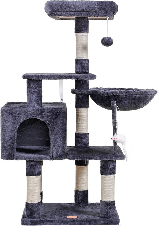 Heybly Cat Tree with Toy, Cat Tower condo for Indoor Cats, Cat House with Padded Plush Perch, Cozy Hammock and Sisal Scratching Posts, Smoky Gray HCT004G