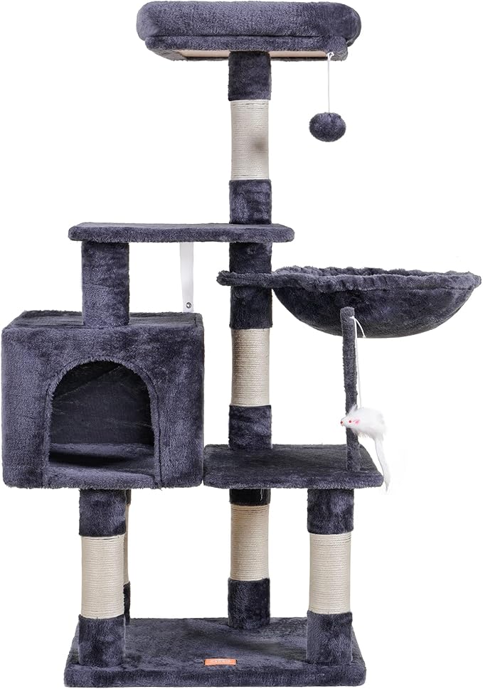 Heybly Cat Tree with Toy, Cat Tower condo for Indoor Cats, Cat House with Padded Plush Perch, Cozy Hammock and Sisal Scratching Posts, Smoky Gray HCT004G
