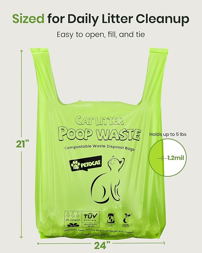 Cat Litter Bags for Poop, Certified Compostable Cat Waste Disposal Bag, Leakproof Durable and Unscented Large to Fit Any Scoop Strengthen Dog Poop Bag- 100 Count