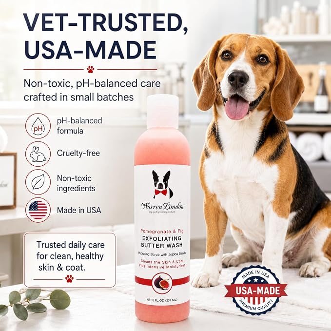 Warren London Exfoliating Butter Wash Dog Shampoo – Pomegranate & Fig, 8 oz | Cleansing, Conditioning & Exfoliating Shampoo with Jojoba Beads for Dry Skin, Soft Coat & Shine | Made in USA