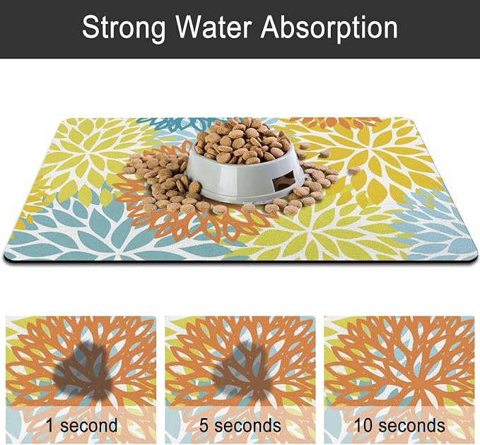 Dog Food Mats for Floors, Absorbent and Quick-Drying Pet Cat Food Mat,Anti-Fouling and Easy-to-Clean Pet Feeding Mat,Dog Bowl Mat for Messy Drinking Water Bowls.17x27, Bohemia Dahlia Floral Style