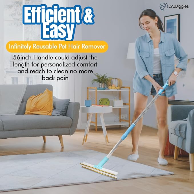 Pet Hair Removal Broom, Handheld Pet Hair Removal Rake & Reusable Lint Roller, Telescopic 56"" Adjustable Handle, Pet Hair Remover for Furniture, Carpet, Rugs, Cars and Bedding
