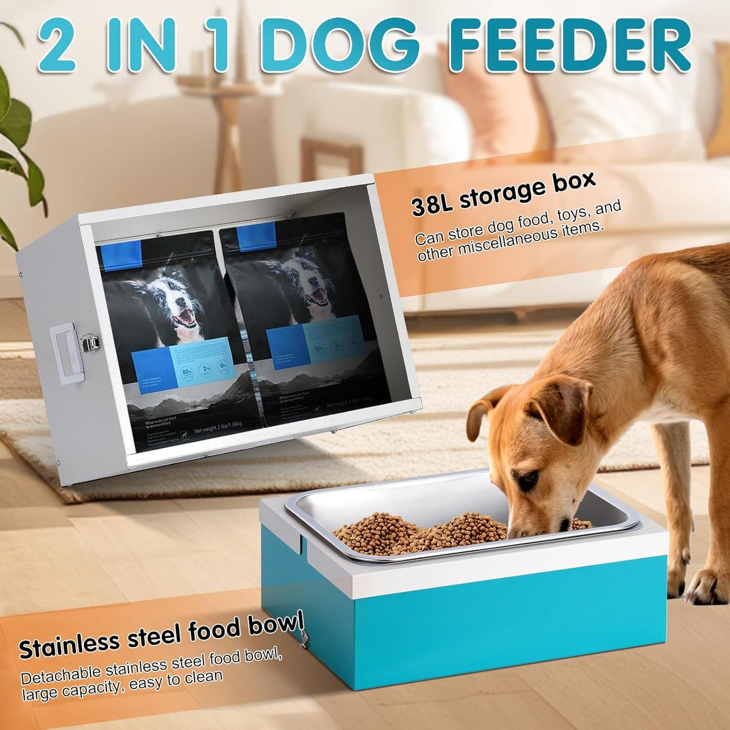 3Gal Elevated Dog Bowls with Storage Large Breed,Raised Dog Bowl Stand 38L Pet Food Toy Storage Container Stainless Steel Water Bowl Feeder 3 Adjust Heights Feeding Station (L)