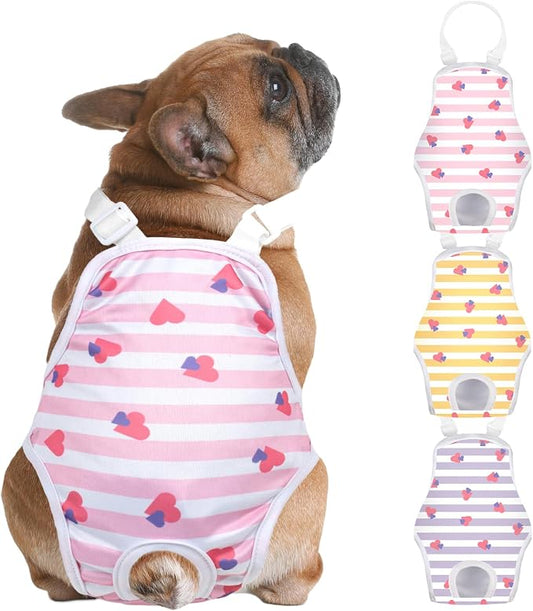 Jollywoods 3 Pack Washable Female Dog Diaper Onesie Sanitary Pantie with Adjustable Suspender, Reusable Fixed Doggie Diapers, Super Absorbent Leakproof for Small Medium Large Dog in Heat Cycle XS/S