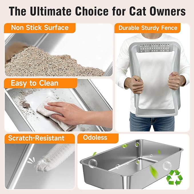 2PACK Stainless Steel Cat Litter Boxes, XL Large Metal Litter Box with High Sides Lid, Odor Free Litter Pan Include Scoop Easy Cleaning Anti-Scratch Kitty Cat Box Anti-Urine Leakage, Non-Sticky