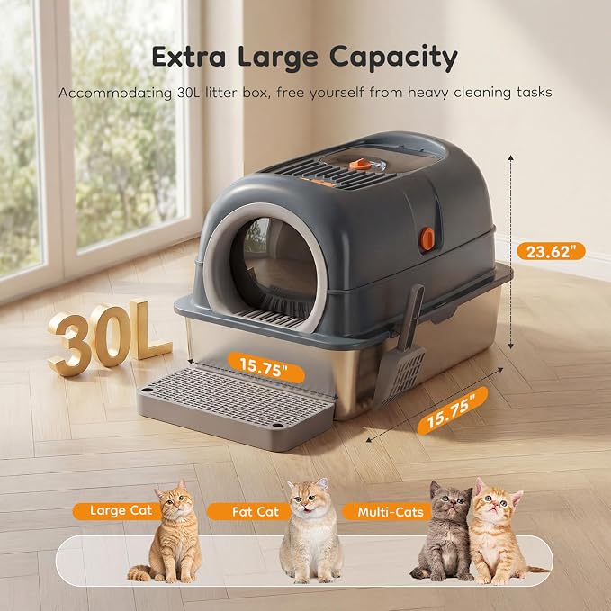 Extra Large Cat Litter Box with Lid, Stainless Steel Litter Box for Big Cats, Enclosed High Sided Kitty Pan with Scoop & Mat, Front & Top Entry with Door, Grey