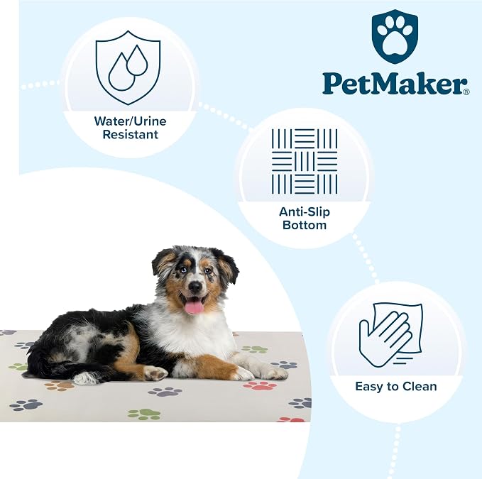 Dog Mat for Food and Water, Crate Pad, and Floor Protector - 55” x 28” Extra Large PVC Memory Foam Pad with Non-Slip Bottom - Stain, Scratch, and Water-Resistant Floor Mat by PETMAKER (Dog Bones)
