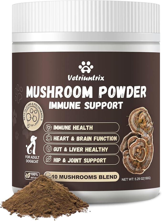 Turkey Tail Mushroom for Dogs, Organic 10 Mushroom Blend for Lumps and Bumps, Dog Herbal Supplements Probiotic with 50% β-Glucan, Joint Gut Immune Skin Support-70 Day Supply