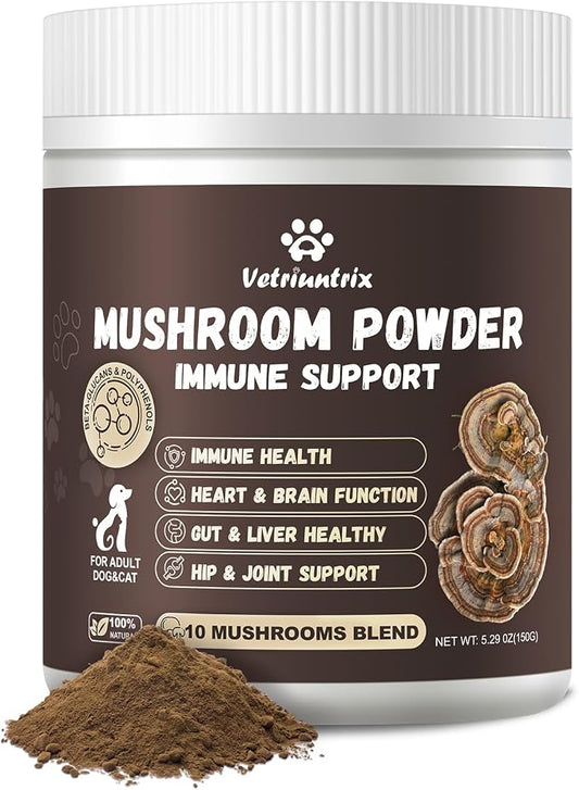 Turkey Tail Mushroom for Dogs, Organic 10 Mushroom Blend for Lumps and Bumps, Dog Herbal Supplements Probiotic with 50% β-Glucan, Joint Gut Immune Skin Support-70 Day Supply