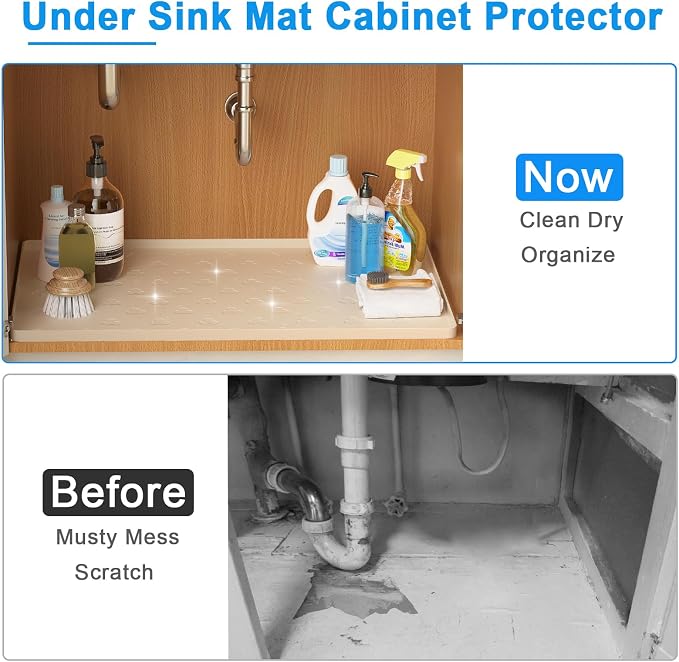 Under Sink Mat- 34" x 22" Waterproof Kitchen Cabinet Mat - Flexible Silicone Under Sink Liner - Kitchen Bathroom Cabinet Mat and Protector for Drips Leaks Spills (Beige)