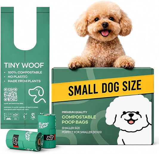 Small Dog Poop Bags, 360 Count Compostable Tie-Handle Rolls | Mini Dog Poop Bags for Small Dogs & Puppies (Chihuahua, Yorkie, Pomeranian, Toy Poodle, Maltese, Frenchie) | TINY WOOF