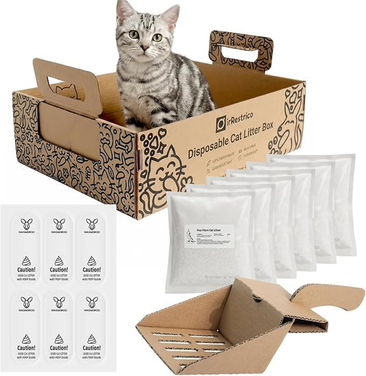 Cat Litter Travel Kit with Flushable Clumping Litter, Foldable Disposable Cardboard Litter Box & Scoop, Portable Cat Travel Essentials for Road Trips, Hotels, Moving & Emergency Use