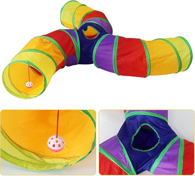 Bemodst S-Type Cat Tunnel, 2 Way/3 Way/4 Way/5 Way Collapsible S-Shape Small Animal Tubes Kitty Tunnels Interactive Maze House Toy with Storage Bag for Kitten Puppy Rabbit Guinea Pig (Rainbow-3 Way)