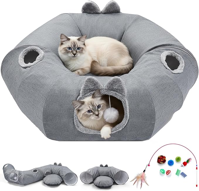Odoland Cat Tunnels Bed for Indoor Cat with Interactive Cat Toys, Cat Tube with Washable Cushion for Small Large Cats, Round Pet Peekaboo Cave for Kitten, Adult Cats and Rabbit