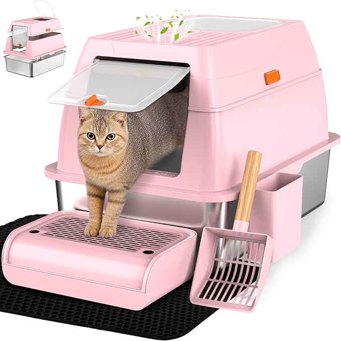 Vivifying Stainless Steel Litter Box with Lid, XL Front Entry Enclosed Extra Large Litter Box for Big Cats & Kitty, Top Exit Metal Cat Pan with Scoop, Mat, Footboard, Charcoal Filter (Pink)