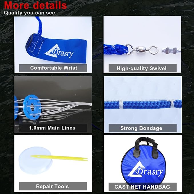 Drasry Saltwater Fishing Cast Net 3/8 and 1/4 Mesh with Heavy Duty Gray Sinker American Monofilament Fish Throw Net for Bait Trap 3FT 4FT 5FT 6FT 7FT 8FT 9FT Radius