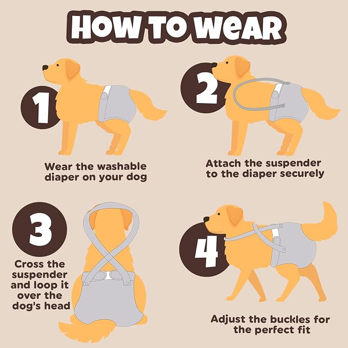 Pet Soft Dog Diapers Female with Suspenders, 3 Pack Reusable Female Dog Diapers for Heat, Dog Period Panties for Doggie in Cycle(X-Small, Bear Brown)