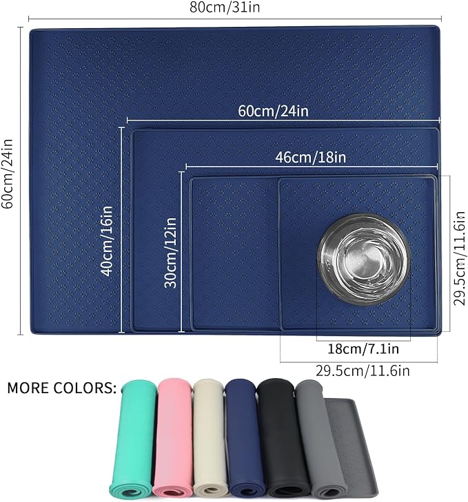 Ptlom Silicone Pet Placemat for Dog and Cat, Waterproof Non-Slip Pet Feeding Bowl Mats for Food and Water, Small Medium Large Tray Mat Prevent Residues from Spilling to Floor, Navy Blue, 18" 12"