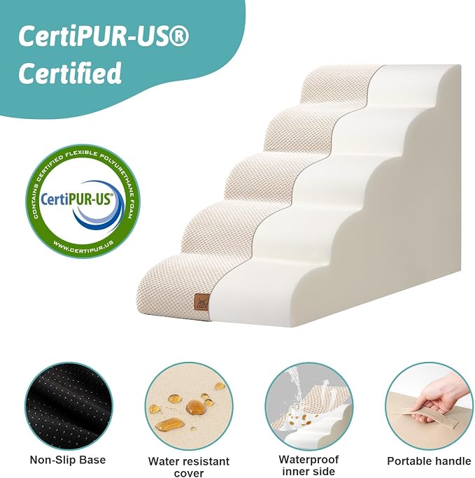 COZY KISS Dog Stairs for Small Dog 22.6" H, Curved Pet Step for Puppy, Older Cat, Medium Pet Ramp for High Bed, Ladder with High Density Foam, Durable, 5 Step, 15.7x33x22.6 inch, Beige