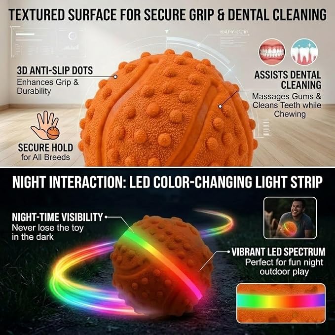 SUREMAX Interactive Dog Toys for Aggressive Chewers, LED Smart Dog Ball 0.6in Thickened E-TPU, Motion Activated Bouncing Balls for Dogs to Keep Them Busy, Indestructible Pet Toy (Orange)