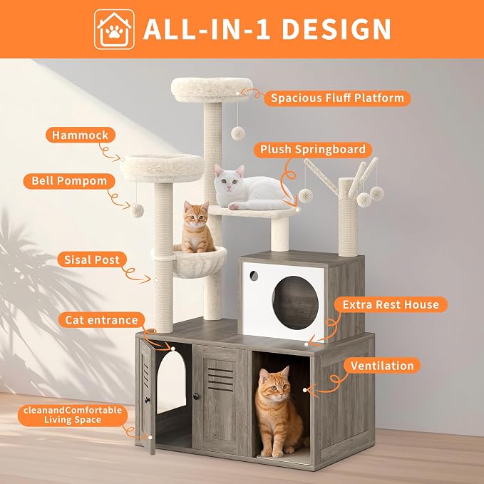 Garvee Cat Litter Box Enclosure with Tree Tower and Condo, Hidden Pet Washroom Furniture with Sisal Scratching Post,Hammocks and Soft Plush Perch, Wooden Cat Furniture with Multiple Platforms,Grey