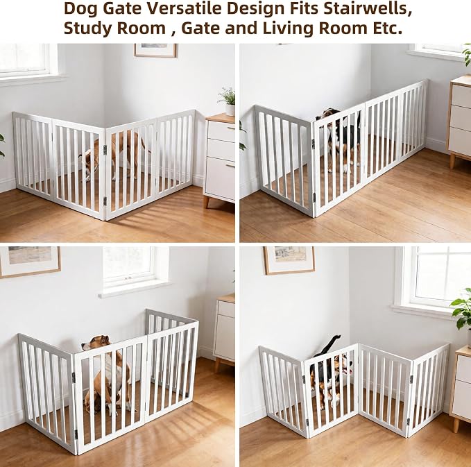 Dog Gate Indoor, Freestanding Dog Fence for The House, Doorways, Hallways,or Stairs,Pet Gate Foldable Wooden,Expandable 24" Height 4 Panels,White