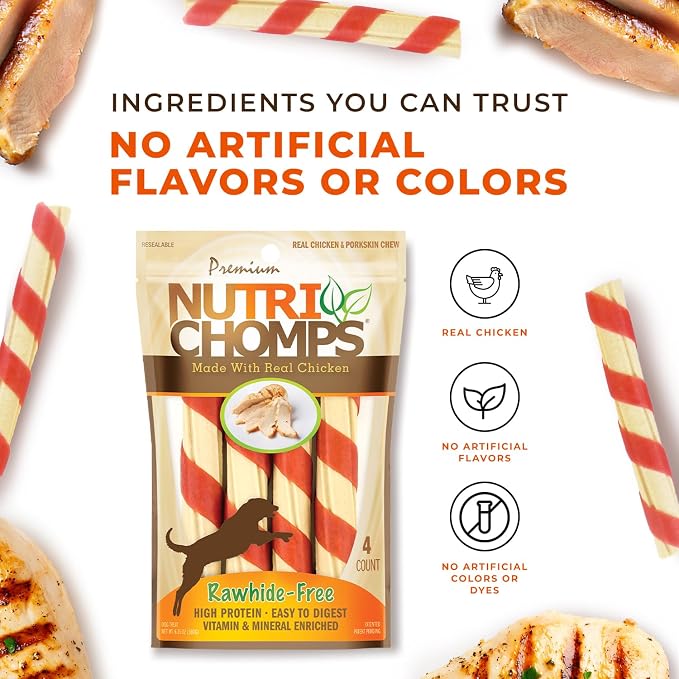 NutriChomps Dog Chews, 6-inch Twists, Easy to Digest, Rawhide-Free Dog Treats, 4 Count, Real Chicken flavor