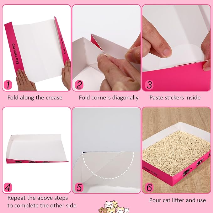 Amyhill 30 Pack Disposable Cat Litter Box 13.8x10x2in Foldable Paper Kitty Trays Bulk Portable Water Proof Cardboard Boxes for Cats Rabbits Guinea Pig Hamster Pets Travel Indoor Supplies(Rose Red)