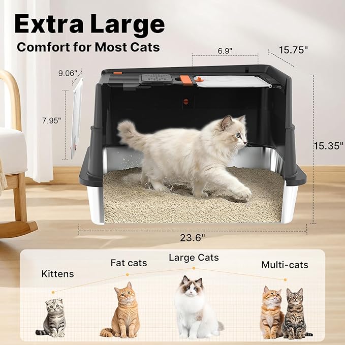 Stainless Steel Litter Box with Flip Lid, XL Extra Large Cat Litter Box with High Sided Top Entry Design, Anti-Leakage Enclosed Metal Litterbox for Big Cats, with Handle, Mat, Pedal & Scoop, Black
