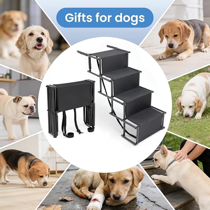 Extra Wide 4 Steps Dog Vehicle Ramps | Portable Non-Slip Pet Stairs for Cars, Trucks & SUVs | Folding Dog Ladder for High Beds | Supports Up to 200 Lbs