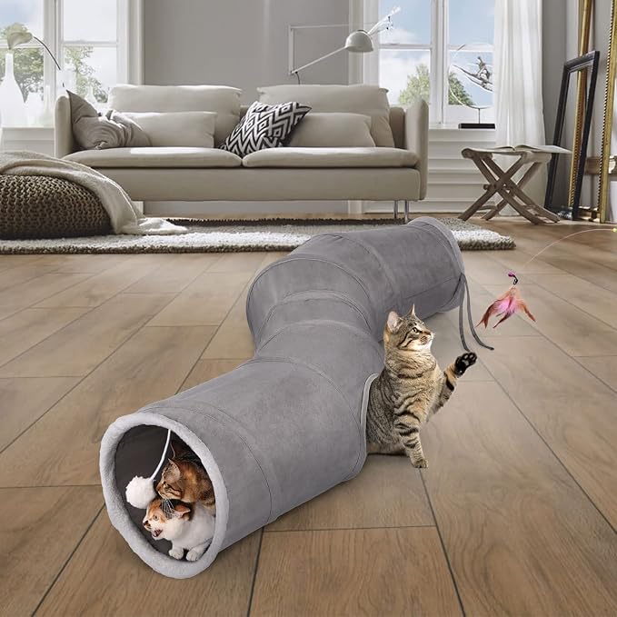 Ownpets Cat Tunnel 48 inch Long S-Shape Collapsible Cat Play Tunnel with Interactive Feather Wand Large Pet Tunnel Tube Toy for Cat Kitten Kitty Puppy Rabbit