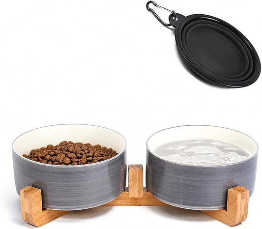 Petygooing Dog Bowls,Ceramic Cat Dog Bowl Set with Wood Stand for Food and Water,Non-Slip Weighted Cute Pet Dish Set for Cats and Medium Size Dogs (28OZ/6.1 in) Grey White