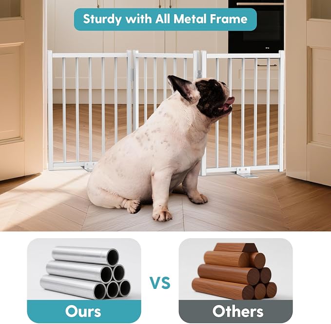 No Pawblems Free Standing Short Dog Gate, 16.5'' Tall Foldable Dog Fence for Indoor & Outdoor, Up to 36 Inch Extra Wide Puppy Gate for Stairs, Hallways, Doorways, Deck, Yard (White, 3 Panels)