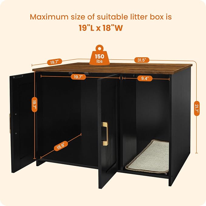 DWANTON Litter Box Enclosure, Cat Litter Box Furniture Hidden, with Scratching Mat, Wooden Cat Washroom Indoor, 31.5" L x 19.7" W x 21.7" H, Black and Warm Brown