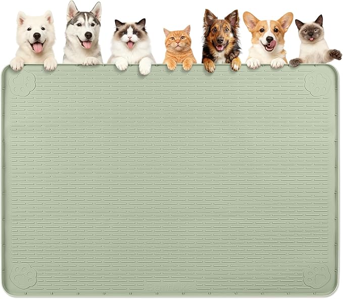 Dog Food Mat, Extra Large 70" x 45" Silicone Pet Feeding Mat with Raised Edge Pet Placemat for Small, Medium, and Large Pets Non-Slip, Easy to Clean (Green)