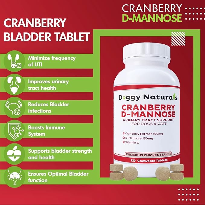 Cranberry D-Mannose for Dogs and Cats Urinary Tract Infection Support Prevents and Eliminates UTI, Bladder Infection Kidney Support, Antioxidant (Single Strength Tablet, 120 Count)