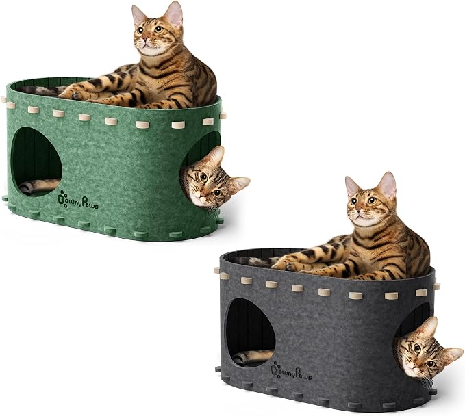DownyPaws Cat House for Indoor Cats, Cat Bed Cave for Multiple & Large Cats Up to 22 Lbs, Scratch Resistant Peekaboo Cat Caves, Foldable Cat Tunnel Enclosed Bed, PeekaPurr, Sesame Gray and Forest