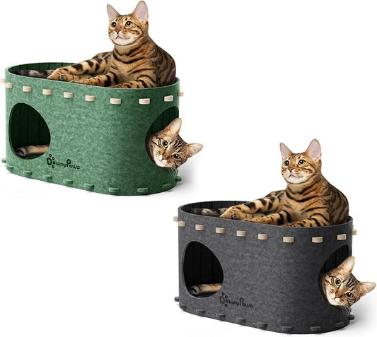 DownyPaws Cat House for Indoor Cats, Cat Bed Cave for Multiple & Large Cats Up to 22 Lbs, Scratch Resistant Peekaboo Cat Caves, Foldable Cat Tunnel Enclosed Bed, PeekaPurr, Sesame Gray and Forest