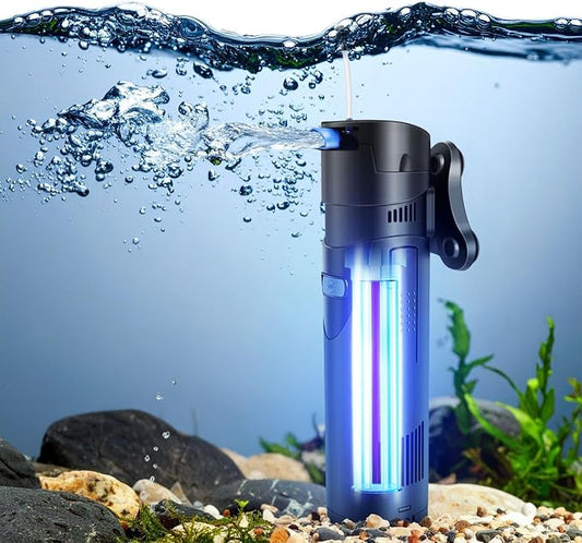 Flexzion Aquarium Filter U-V, 200 Gallon Fish Tank Filter with U-V Light for Green Control Cleaning, 200GPH Submersible Aquarium Pump for Turtle Tank, Freshwater Crystal Clear & Saltwater