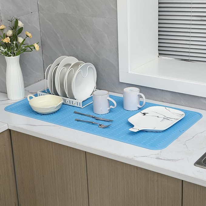 MicoYang Silicone Dish Drying Mat for Multiple Usage,Easy clean,Eco-friendly,Heat-resistant Silicone Mat for Kitchen Counter or Sink,Refrigerator or Drawer Liner Light Blue 5XL 36inches x 18inches