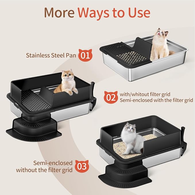 XXXL Stainless Steel Litter Box, 28"x20"x12" Extra Large Semi Enclosed High Sided Metal Cat Litter Box with Filtered Grid, Step, Scoop, Non-Sticky, Non-Odor, Easy Cleaning (Black)